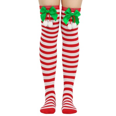 Bow Knot Fuzzy Ball Stripe Christmas Stockings Over the Knee