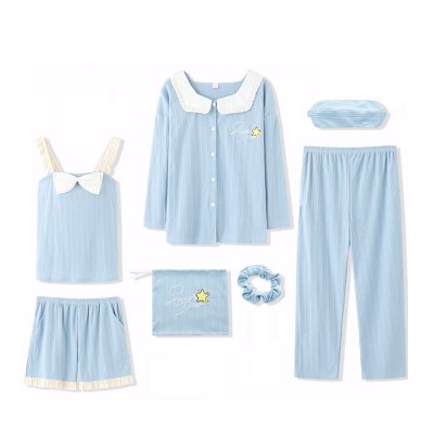 【50% OFF】Cartoon Print Doll Collar Pajamas Seven Pieces Set With Breast Pads
