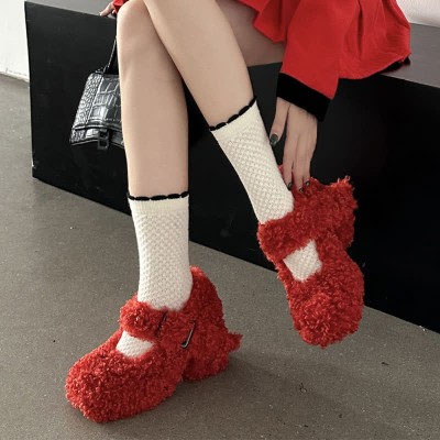 Round Toe Chunky Plush Mary Janes Shoes
