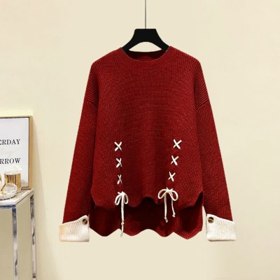 Round Collar Lace Up Knit Sweater Slip Dress Two Pieces Set