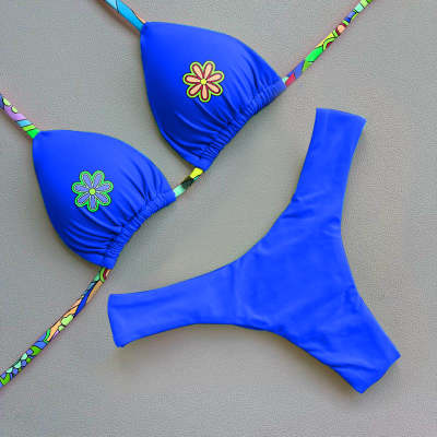 Contrast color sexy print bikini set