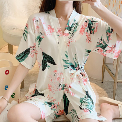 Floral Print Kimono Lace Up Pajamas Set