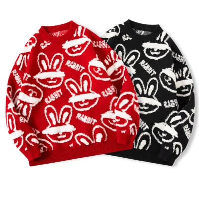 Cartoon Rabbit Letter Print Round Collar Sweater