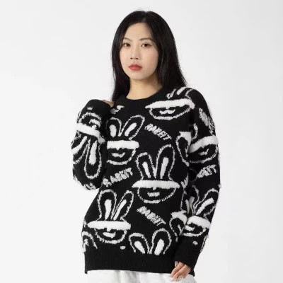 Cartoon Rabbit Letter Print Round Collar Sweater
