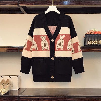 Lovely Cartoon Bear Print Colorblock Pocket Knit Sweater Cardigan