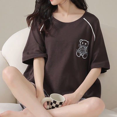 Cartoon Bear Print Summer Cotton Pajamas Set
