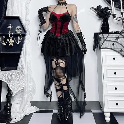 Gothic Halter Corset Top Lace Stitching Tiered Skirt