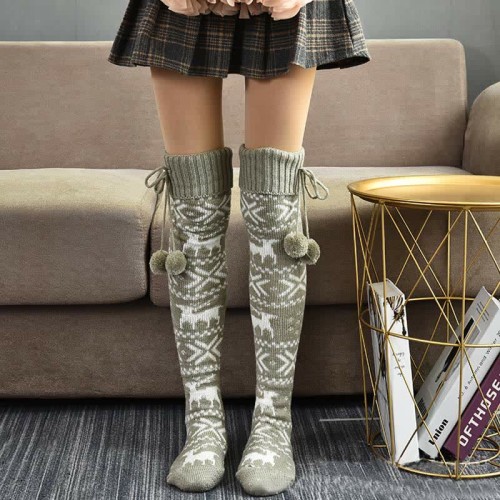 Christmas Reindeer Print Fuzzy Ball Stockings Over the Knee