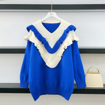Sweet V-neck Ruffled Colorblock Knit Sweater