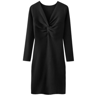 Pure Color V-neck Slim Knit Sweater Dress