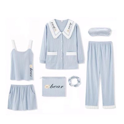 【50% OFF】Cartoon Print Doll Collar Pajamas Seven Pieces Set With Breast Pads