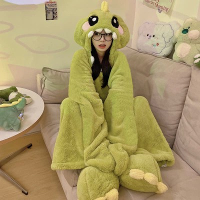 【50% OFF】Funny Cartoon Dinosaur Plush Hooded Jumpsuit Pajamas Dress