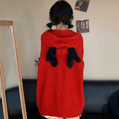 Antler Lace Up Hooded Loose Cardigan Sweater