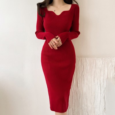 Pure Color Slim Knit Sweater Dress