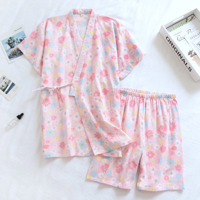 Floral Print Kimono Lace Up Pajamas Set
