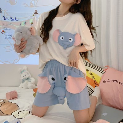 Girlfriend Boyfriend Cartoon Elephant Short Sleeve Pajamas Set