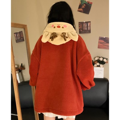 Reindeer Letter Embroidery Plush Hoodie