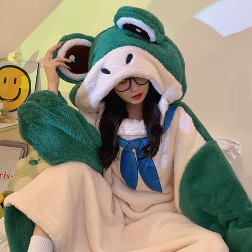 【50% OFF】Funny Cartoon Frog Plush Hooded Jumpsuit Pajamas Dress