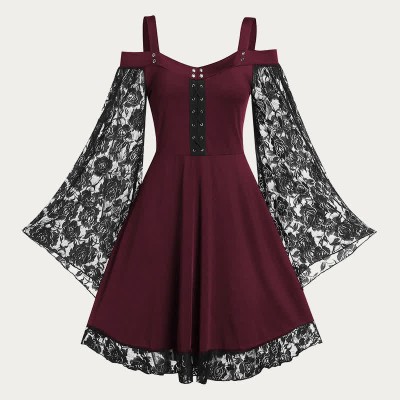 Plus Size Gothic Lace Flared Sleeve Slip Dress