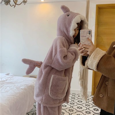 Lovely Cartoon Shark Plush Hooded Pajamas Set
