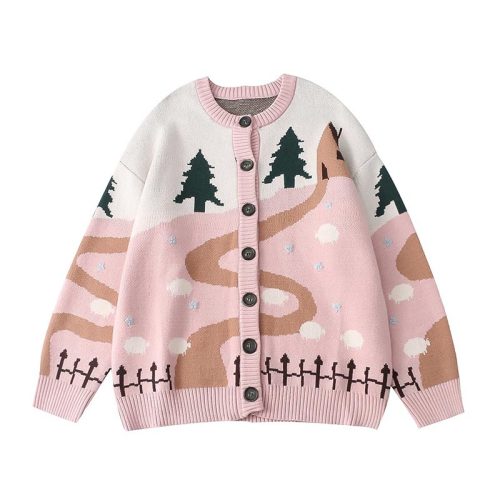 Tree Sheep Pattern Cardigan Sweater