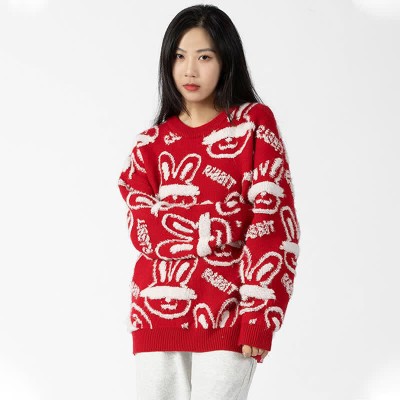 Cartoon Rabbit Letter Print Round Collar Sweater
