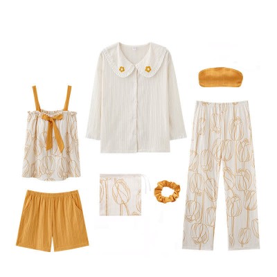 【50% OFF】Cartoon Print Doll Collar Pajamas Seven Pieces Set With Breast Pads