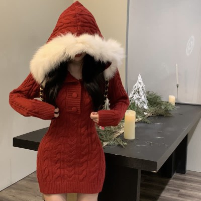 Pure Color Slim Knit Hooded Sweater Dress