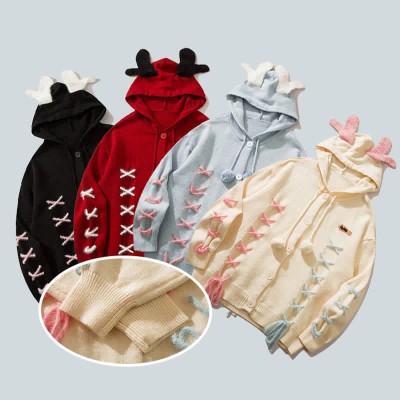 Antler Lace Up Hooded Loose Cardigan Sweater
