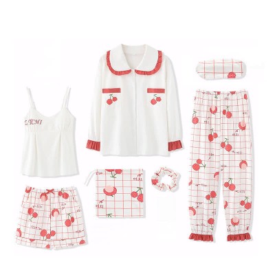 【50% OFF】Cartoon Print Doll Collar Pajamas Seven Pieces Set With Breast Pads