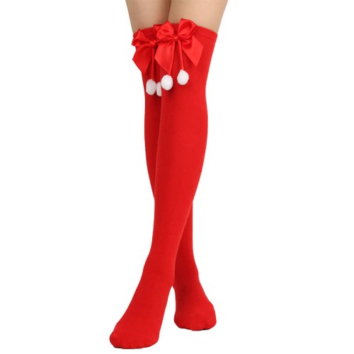 Bow Knot Fuzzy Ball Stripe Christmas Stockings Over the Knee