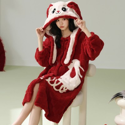 Cute Cartoon Bunny Embroidery Hooded Plush Pajamas