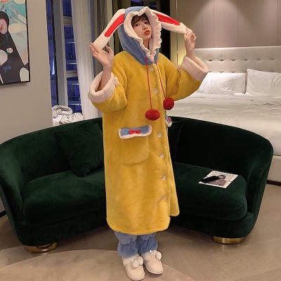 Cartoon Bunny Hooded Plush Pajamas Set