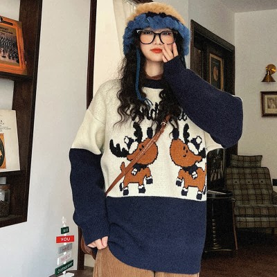 Deer Letter Print Colorblock Round Collar Knit Sweater