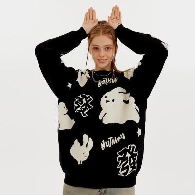 Cartoon Rabbit Letter Print Round Collar Loose Sweater