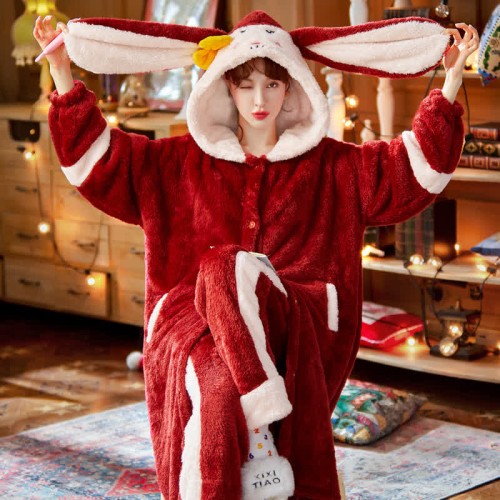 Cartoon Bunny Bowknot Hooded Plush Pajamas Set