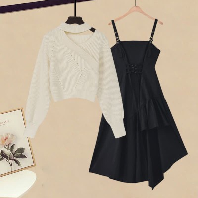 Oblique Pure Color Sweater Lace Up Irregular Slip Dress