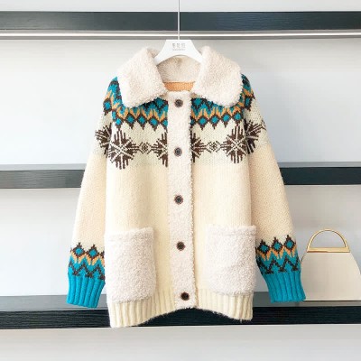 Colorblock Snowflake Print Plush Pocket Sweater Cardigan