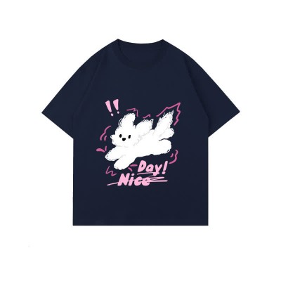 Cartoon Puppy Letter Print Round Collar Oversized T-Shirt