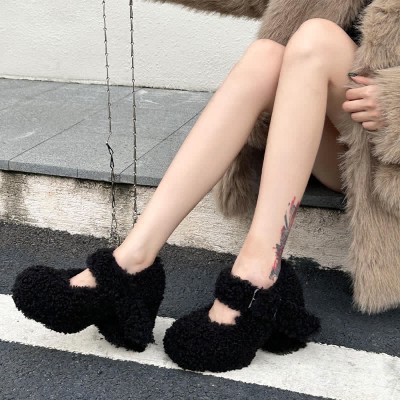 Round Toe Chunky Plush Mary Janes Shoes