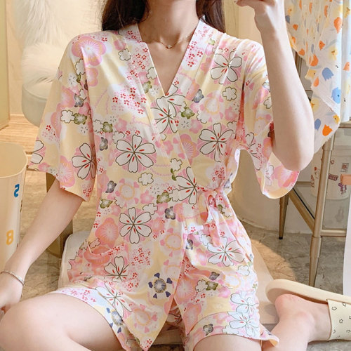 Floral Print Kimono Lace Up Pajamas Set