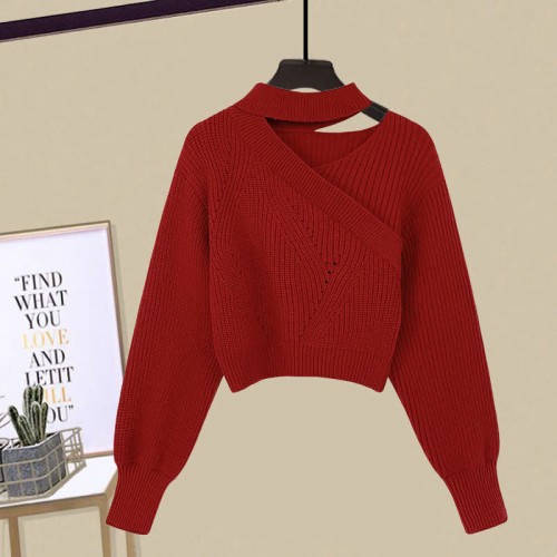 Oblique Pure Color Sweater Lace Up Irregular Slip Dress