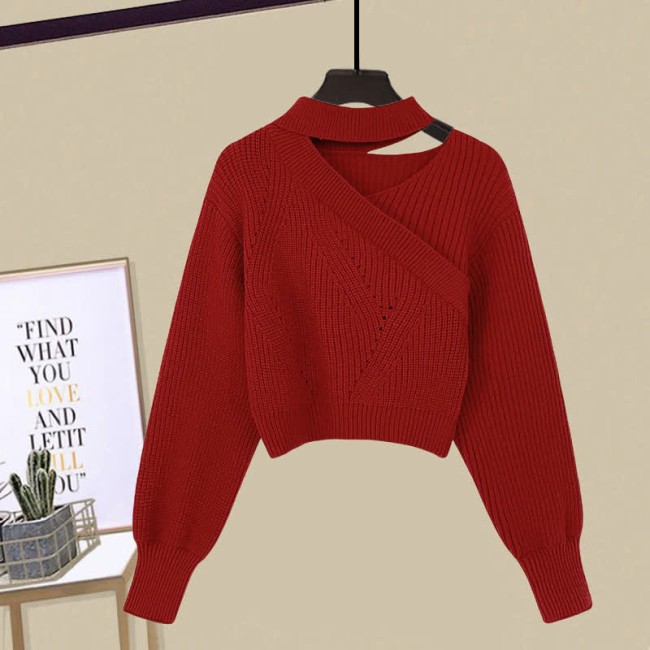Oblique Pure Color Sweater Flouncing Slip Dress