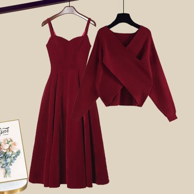 Fashion Cross Knit Sweater A-line Slip Dress