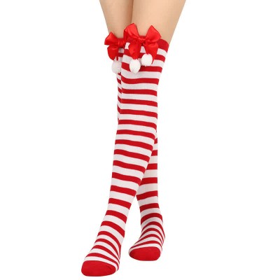 Bow Knot Fuzzy Ball Stripe Christmas Stockings Over the Knee