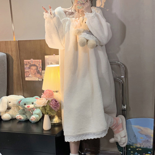 Square Collar Plush Lace Hem Dress Pajamas Set