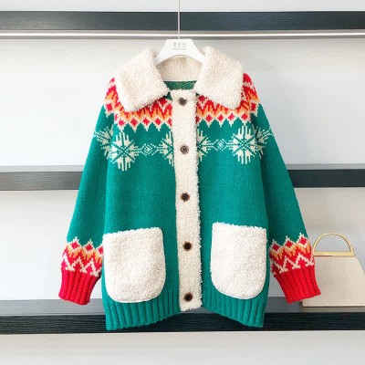Colorblock Snowflake Print Plush Pocket Sweater Cardigan