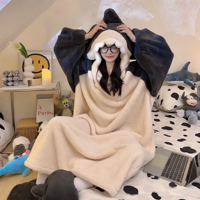 【50% OFF】Funny Cartoon Shark Plush Hooded Jumpsuit Pajamas Dress