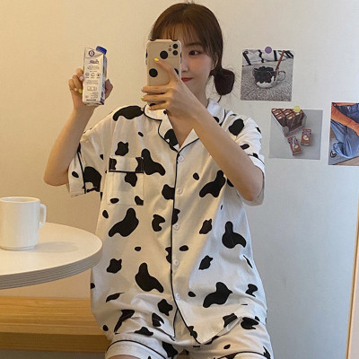 Cartoon Cow Print Pocket Casual Pajamas Set