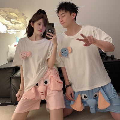 Girlfriend Boyfriend Cartoon Elephant Short Sleeve Pajamas Set